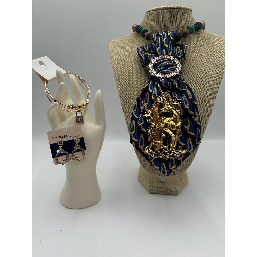 Neiman Marcus Silk Tie Necklace Unicorn Brooch Set Earrings Bracelet Blue Gold - Picture 9 of 12